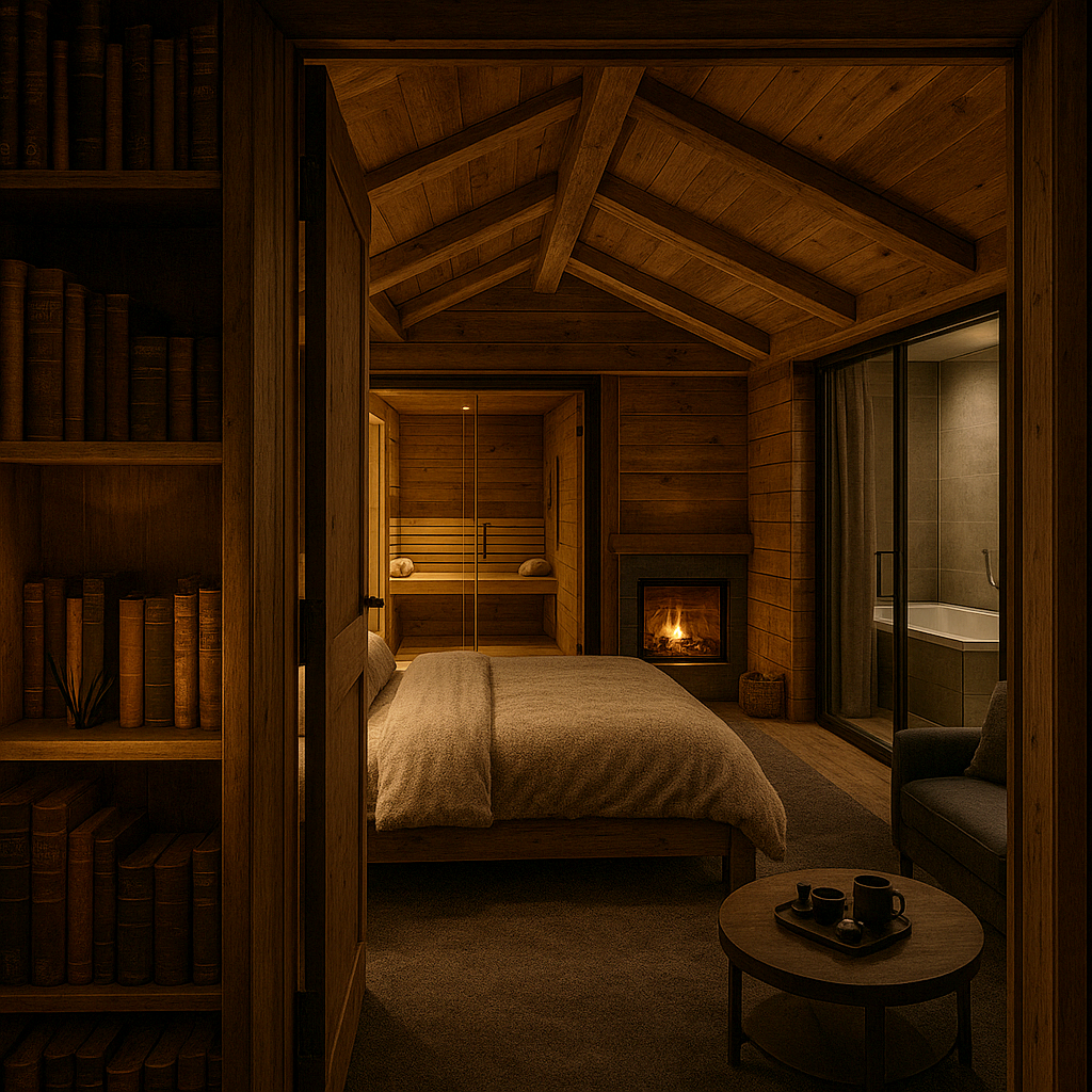 Chalet privé à domicile Chambre style chalet cachée derrière une bibliothèque